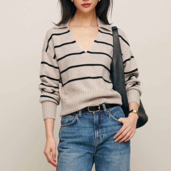 NEW Reformation Beckie Cashmere Collared Sweater Barley with Black Stripe Small - Picture 10 of 17
